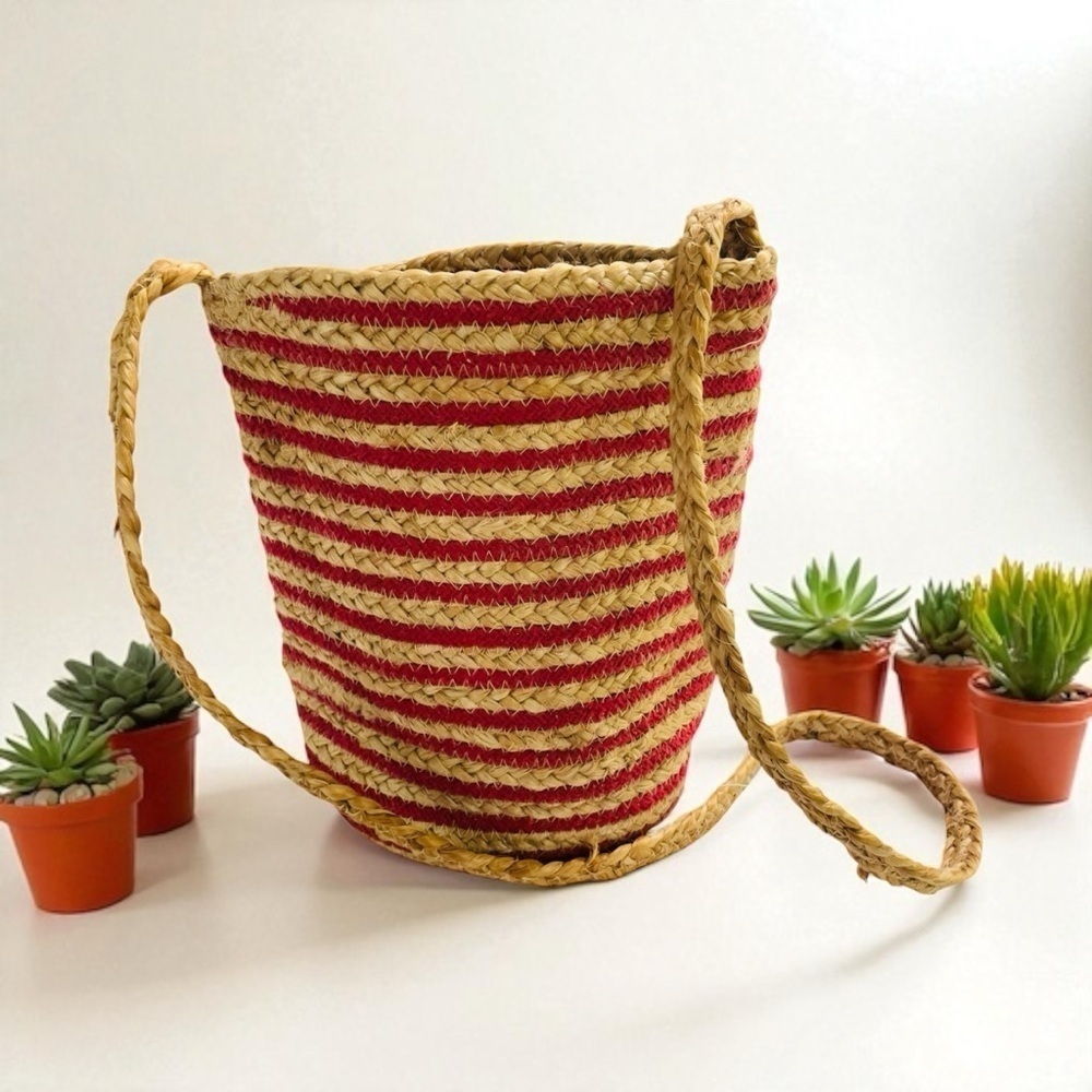 VTG Handwoven Jute Crossbody Bag Red & Natural Stripes, Boho, eco friendly